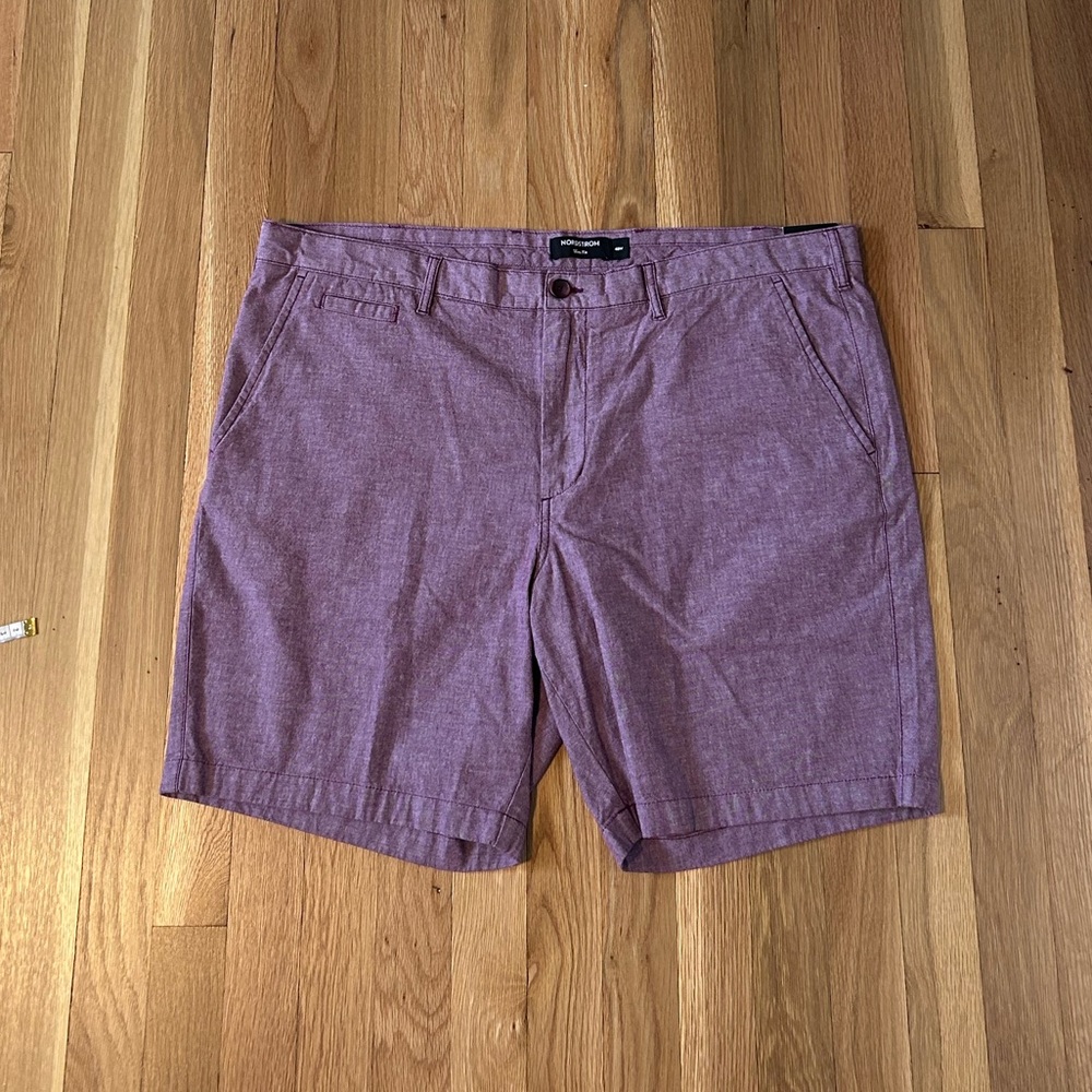 New Nordstrom Cotton Stretch Chambray Shorts Men Burgundy Size 40